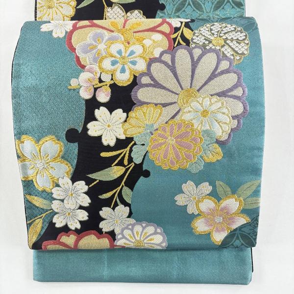 美品 袋帯 秀品 証紙あり 振袖向き 桜 菊 箔 金銀糸 青緑 六通 正絹