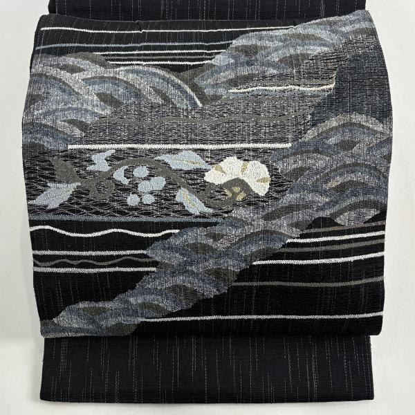 袋帯 秀品 夏帯 花唐草 青海波 金糸 黒 お太鼓柄 正絹 中古 : リユース