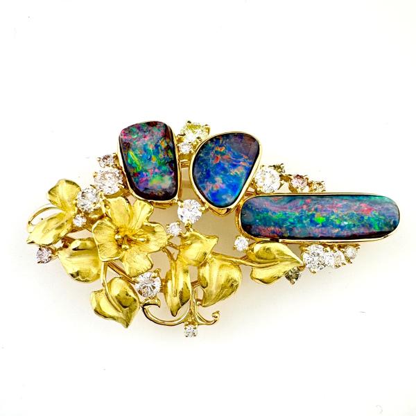 フラワーモチーフ デザインブローチ YG イエローゴールド ボルダー