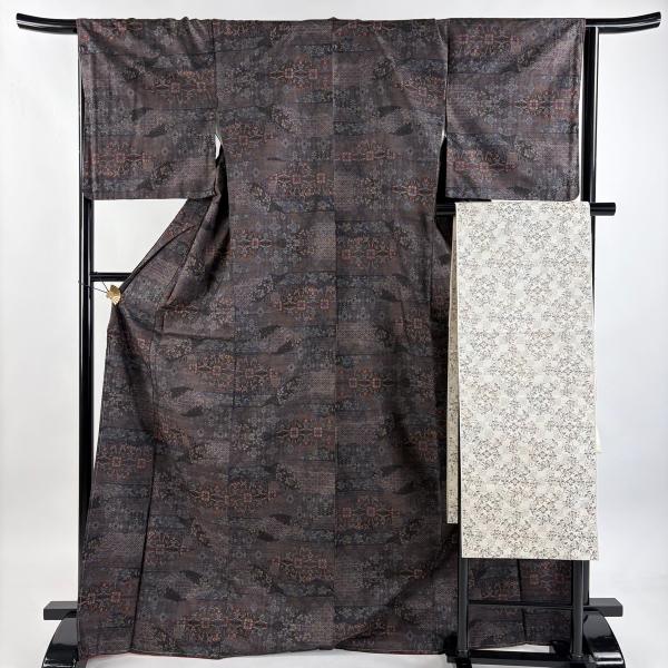 美品 紬 身丈170.5cm 裄丈65.5cm M 袷 名古屋帯セット 華文 草花 茶紫