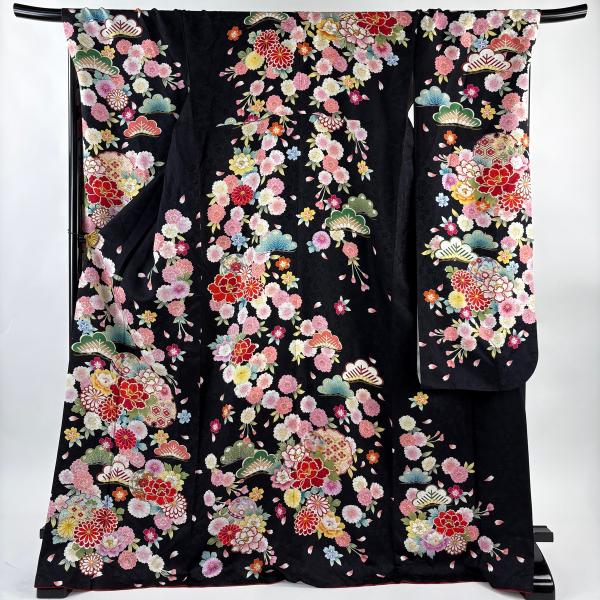 振袖 身丈173cm 裄丈72cm L 袷 手鞠 草花 金糸 金彩 黒 正絹 名品 中古