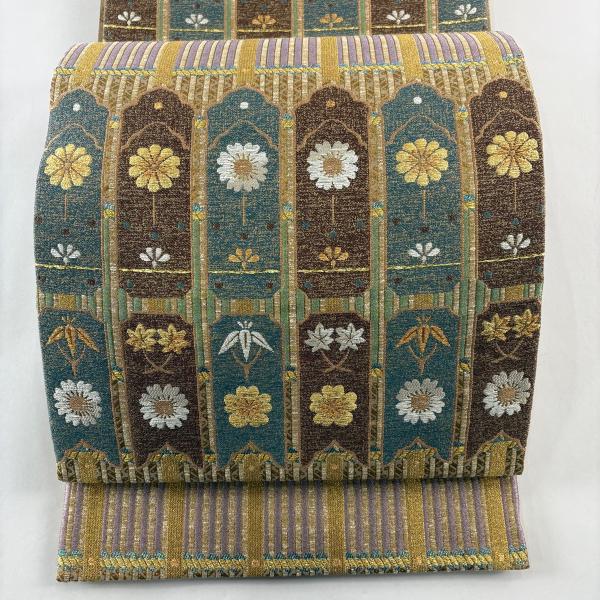 美品 袋帯 名品 花 笹 箔 金糸 黄土色 六通 正絹 中古 : リユース