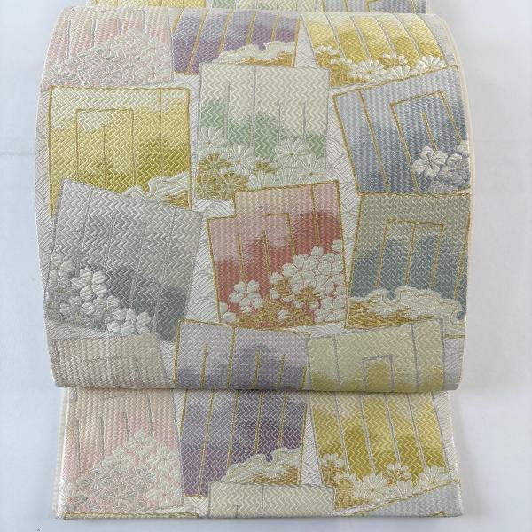 美品 袋帯 名品 源氏香 花 金銀糸 灰色 六通 正絹 中古 : リユース