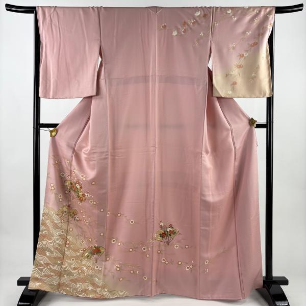 訪問着 身丈165.5cm 裄丈66cm M 袷 扇 草花 金彩 ぼかし ピンク 正絹