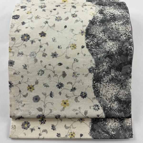 美品 袋帯 逸品 落款あり 牛首紬地 草花 クリーム 全通 正絹 中古