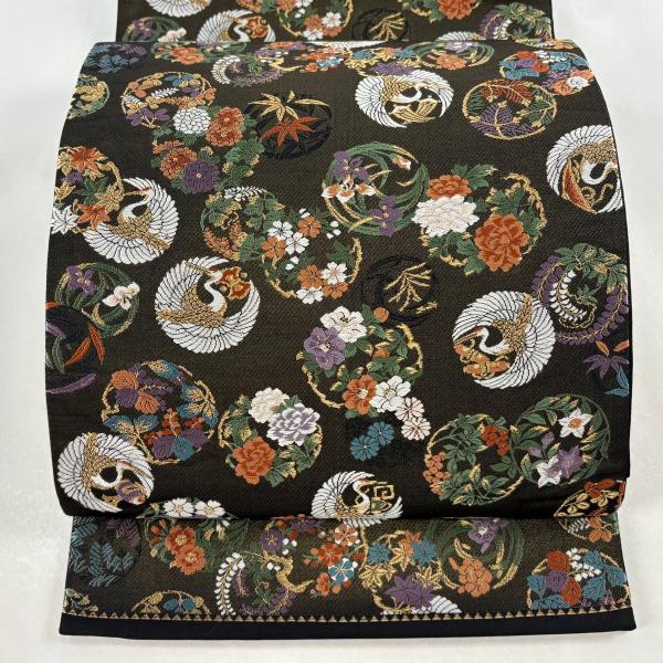 袋帯 秀品 鶴丸文 花丸文 刺繍 金糸 黒 六通 正絹 中古 : リユース