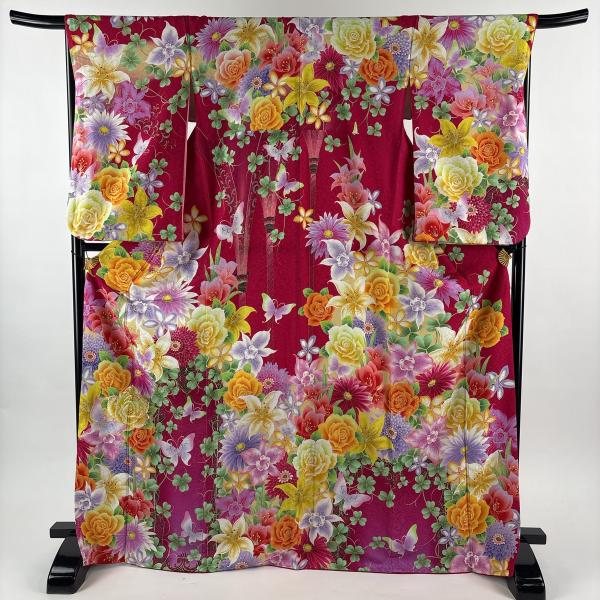 美品 訪問着 身丈171cm 裄丈67.5cm L 袷 薔薇 蝶 銀通し 刺繍 濃ピンク