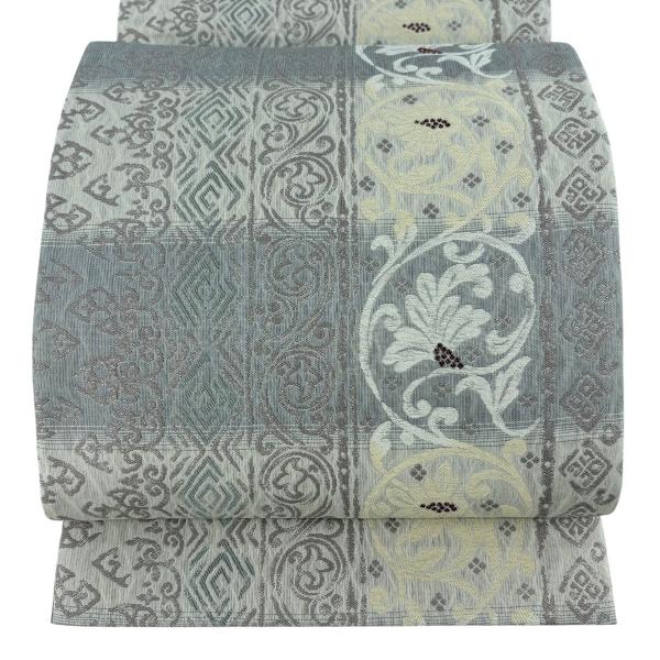 美品 袋帯 逸品 花唐草 幾何学 箔 灰紫 全通 正絹 中古 : リユース