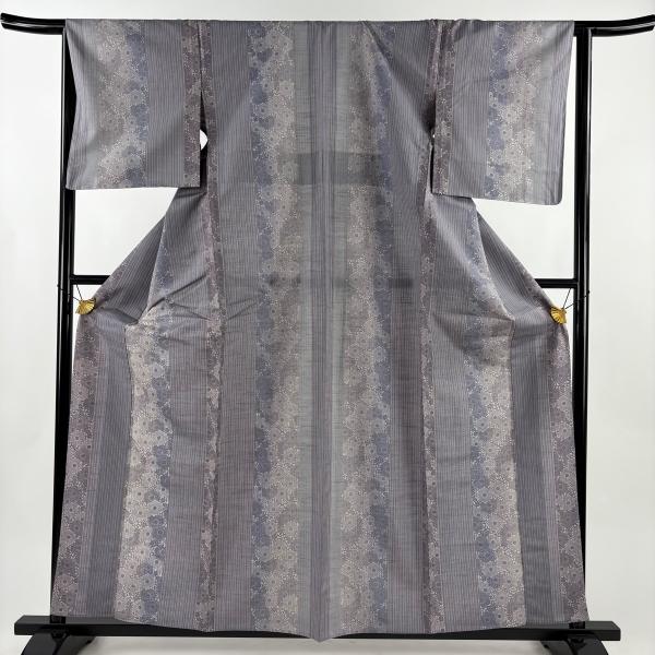 美品 小紋 身丈160.5cm 裄丈63.5cm S 単衣 紬地 菊 縦縞 灰紫 正絹 秀