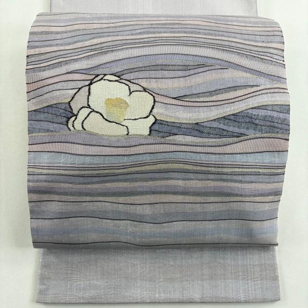 美品 袋帯 秀品 椿 波 金銀糸 灰紫 お太鼓柄 正絹 中古 : リユース