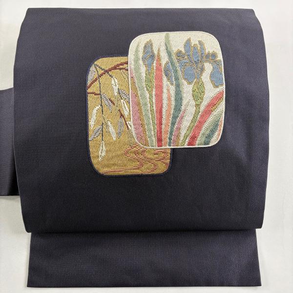 美品 名古屋帯 秀品 菖蒲 流水 金糸 刺繍 濃紫 正絹 中古 : リユース