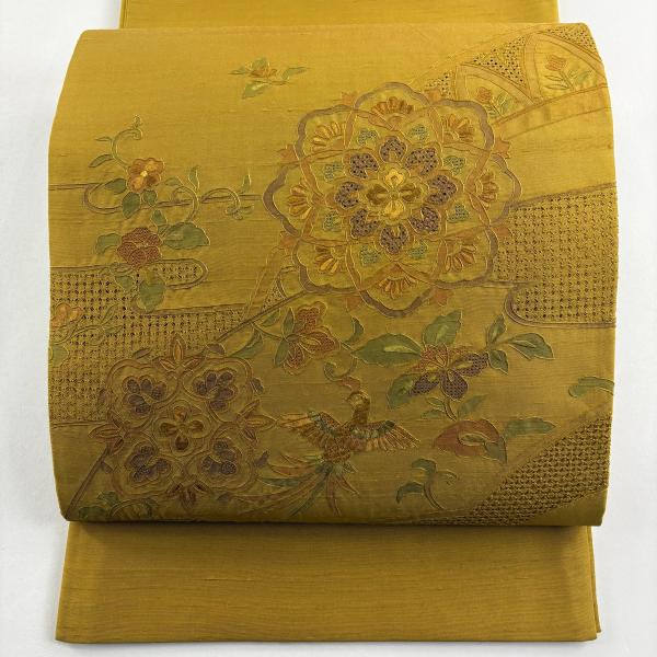 美品 袋帯 秀品 紬地 華文 花鳥 刺繍 黄土色 お太鼓柄 正絹 中古