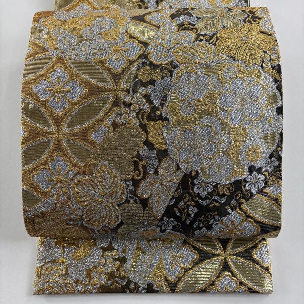 美品 袋帯 秀品 雪輪 七宝花菱 箔 金糸 金茶 六通 正絹 中古