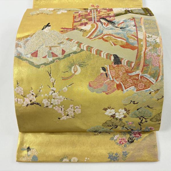 美品 袋帯 秀品 証紙あり 姫 桜 金糸 箔 金色 お太鼓柄 正絹 中古