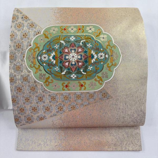 名古屋帯 秀品 華文 花鳥 金銀彩 箔 金色 正絹 中古 : リユース