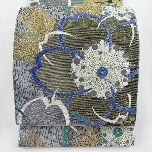 美品 袋帯 秀品 落款あり 桜 よろけ縞 箔 金色 六通 正絹 中古