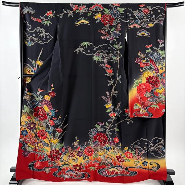 振袖　袋帯　4点セット　桜　蝶　金銀彩　身丈163cm 裄丈66cm M 正絹 美品 振袖 身丈166.5cm 裄丈66cm M 袷 草花 蝶 染め分け ぼかし 墨色