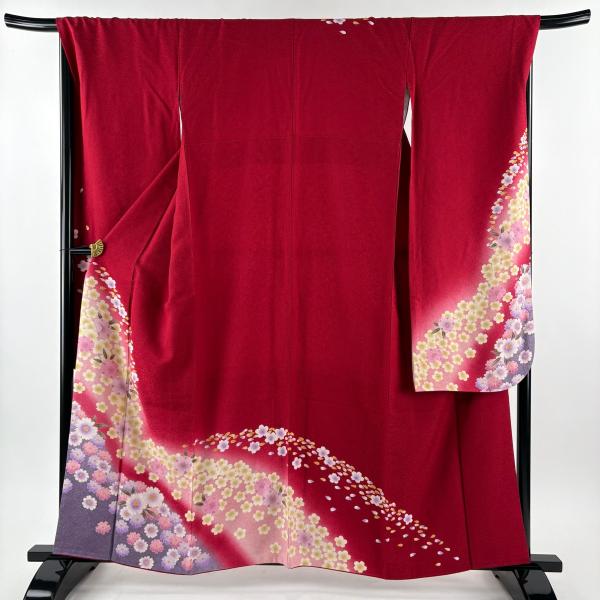 正絹 朱色 桜枝 着物 身丈159 平和屋着物○豪華振袖 駒刺繍 絞り 