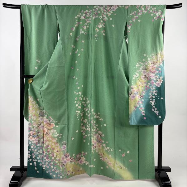 振袖 身丈164cm 裄丈68cm L 袷 手鞠 桜 銀通し 金彩 黄緑色 正絹 名品