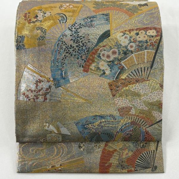 美品 袋帯 名品 落款あり 徳川美術館秘蔵 花扇 鶴 金糸 箔 金色 お太鼓