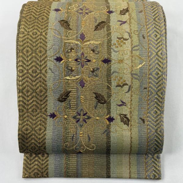 袋帯 名品 花唐草 華文 金糸 鶯色 お太鼓柄 正絹 中古 : リユース