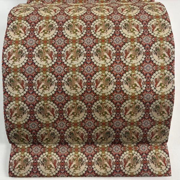 美品 開き名古屋帯 名品 龍村美術織物 連珠獅子狩文錦 赤茶 正絹 中古