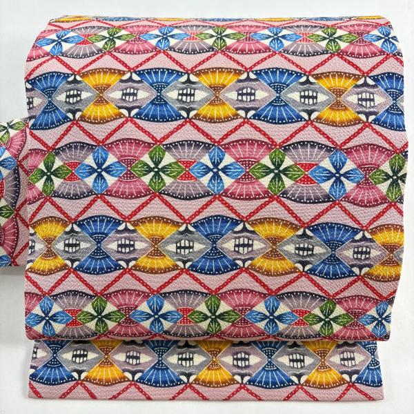 美品 名古屋帯 逸品 城間栄順 落款あり 草花 幾何学 琉球紅型 薄紫