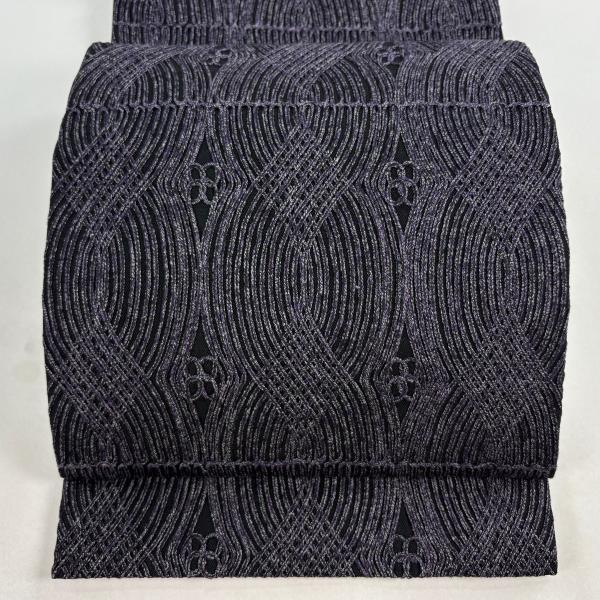 美品 袋帯 逸品 無月 落款あり 幾何学模様 紫 全通 正絹 中古