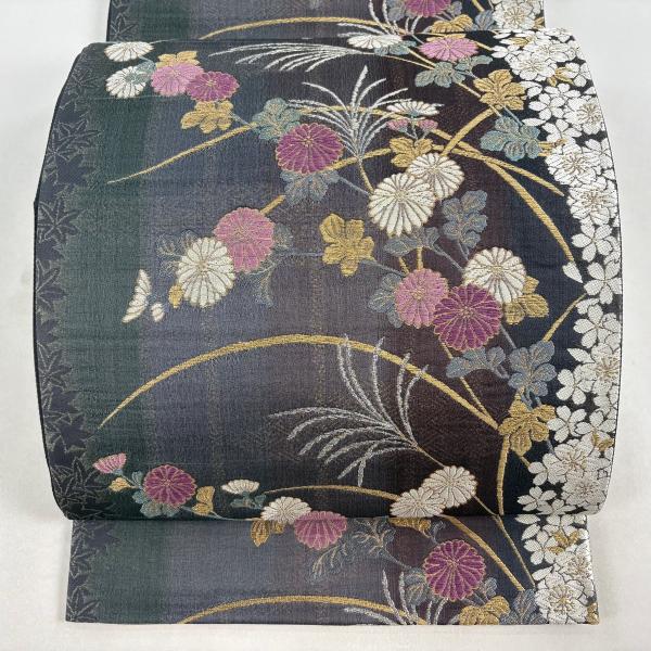 正絹　袋帯　美品　紫　チェック 美品 袋帯 逸品 じゅらく 落款あり 帝王紫 菊 桜楓 金銀糸 箔 濃紫 六