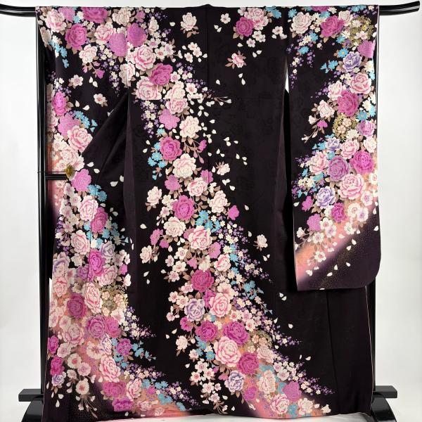 振袖 身丈168cm 裄丈68.5cm L 袷 薔薇 桜 刺繍 金銀彩 墨色 正絹 名品