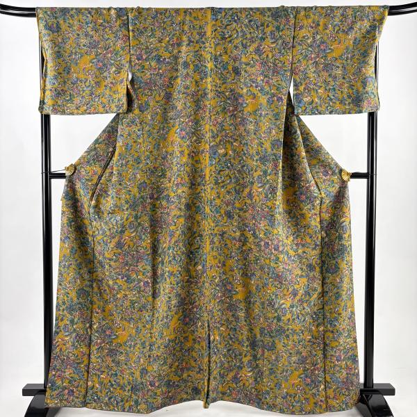 美品 小紋 身丈163cm 裄丈70cm L 袷 更紗 金彩 山吹茶色 正絹 秀品