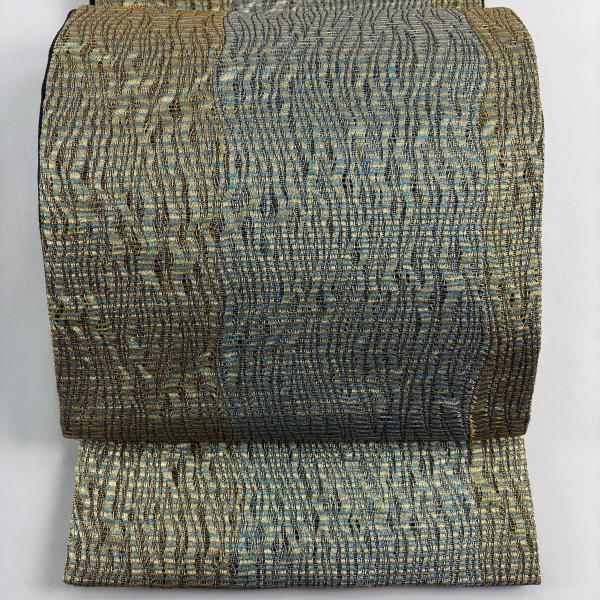 美品 袋帯 名品 よろけ縞 縞 金銀糸 金色 全通 正絹 中古 : リユース