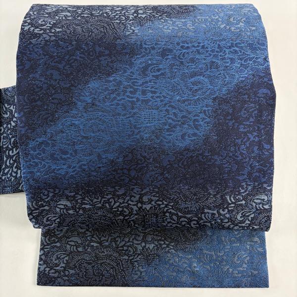 名古屋帯　花唐草　正絹 美品 名古屋帯 名品 花唐草 藍色 正絹 中古 : リユースセレクト