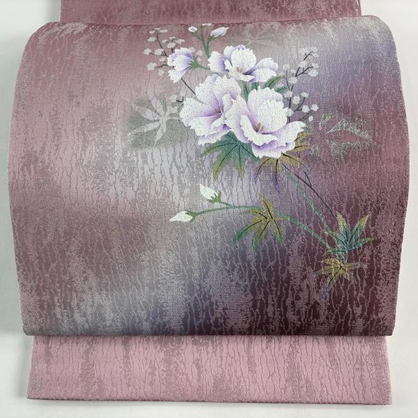 美品 袋帯 名品 草花 ラメ 金銀彩 ピンク お太鼓柄 正絹 中古