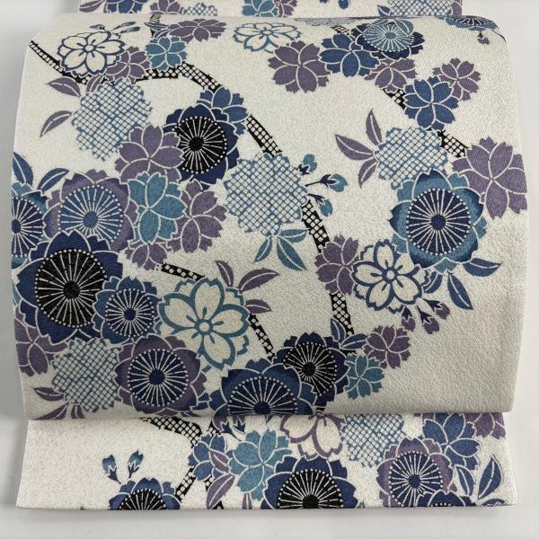 A17 未使用　美品　袋帯　螺鈿　四季花　鳥　金銀彩 灰白 お太鼓正絹 美品 袋帯 名品 桜 疋田 銀通し 灰白 全通 正絹 中古 : リユース