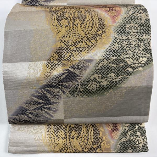 A17 未使用　美品　袋帯　螺鈿　四季花　鳥　金銀彩 灰白 お太鼓正絹 美品 袋帯 名品 向かい鳥 草花 金彩 銀通し 灰茶 全通 正絹 中古