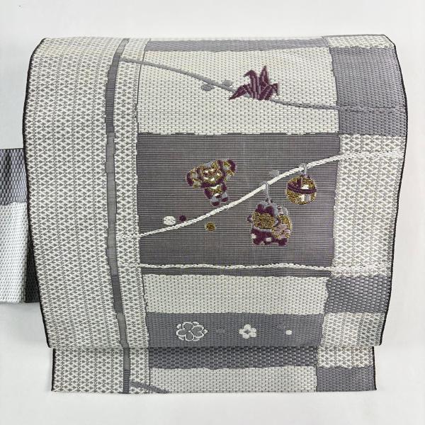 名古屋帯 秀品 八寸名古屋帯 玩具 縞 金糸 灰色 正絹 中古 : リユース