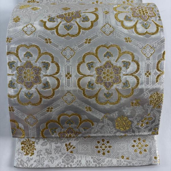 美品 袋帯 秀品 華文 亀甲 金銀糸 箔 銀色 六通 正絹 中古 : リユース