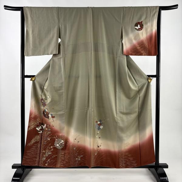 蝶々訪問着フルセット　身丈150cm 裄丈63cm 訪問着 身丈159cm 裄丈64cm M 袷 雪輪 花蝶 金彩 染め分け 灰緑 正絹