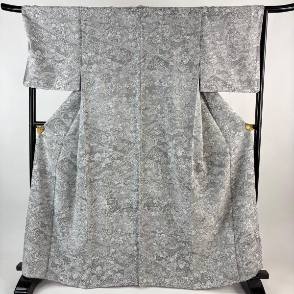 未使用　新品　美品　袷　正絹　銘仙　小紋　フルセット　身丈150 裄67 美品 小紋 身丈166.5cm 裄丈67.5cm L 袷 紋意匠 花鳥 華文 灰色 正絹