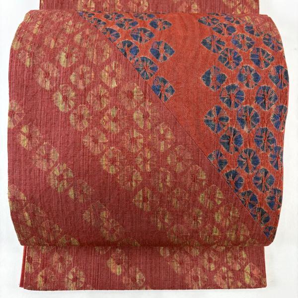 A21 新品　紬地　全通袋帯　美品 秀品 紬縞 幾何学 正絹 美品 袋帯 名品 紬地 幾何学 絞り えんじ色 全通 正絹 中古 : リユース