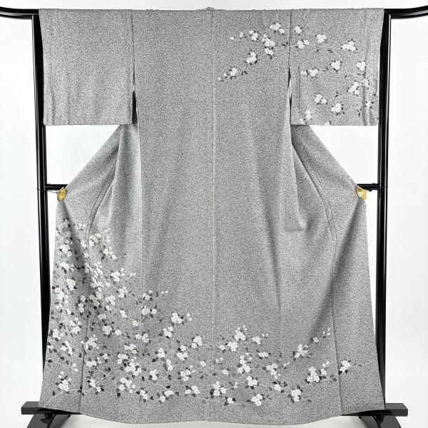 ⭐︎K0845 未使用品 逸品 単衣 夏向き 希少 越後上布 芋麻 小紋 美品 訪問着 身丈161cm 裄丈64cm M 袷 椿 幾何学模様 灰色 正絹 秀品