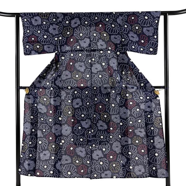 さ*と様 絞り 浴衣 アンティーク 身丈約150cm 美品 浴衣 身丈150cm 裄丈60cm S 絞り浴衣 花 濃紺 綿 名品 中古