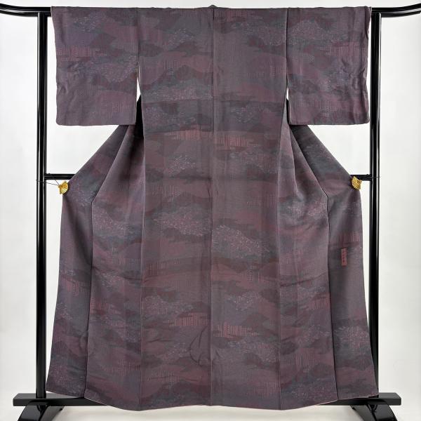 小紋 身丈158cm 裄丈61.5cm S 袷 六谷博臣 落款あり 梅 建物 灰紫 正絹