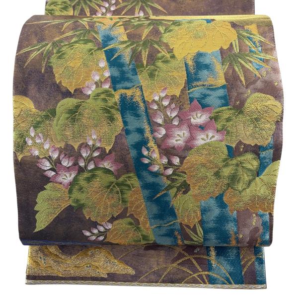 総刺繍 相良刺繍 金糸 中国三大刺繍 正絹 太鼓柄袋帯 草花文 袋帯 | 丸 