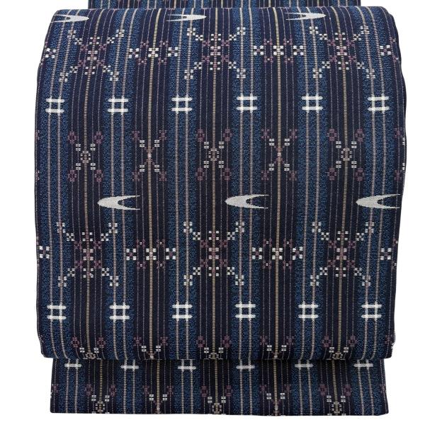 美品 袋帯 名品 縞 幾何学 藍色 六通 正絹 中古 : リユースセレクト