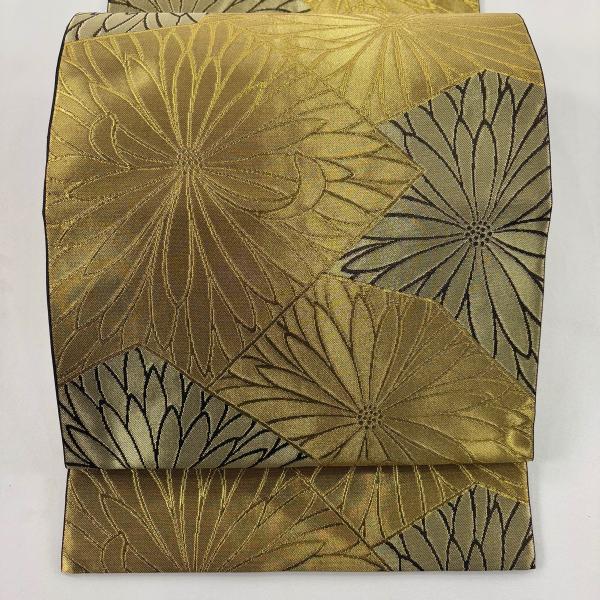 美品 袋帯 名品 川島織物 落款あり 菊 幾何学模様 箔 金色 六通 正絹