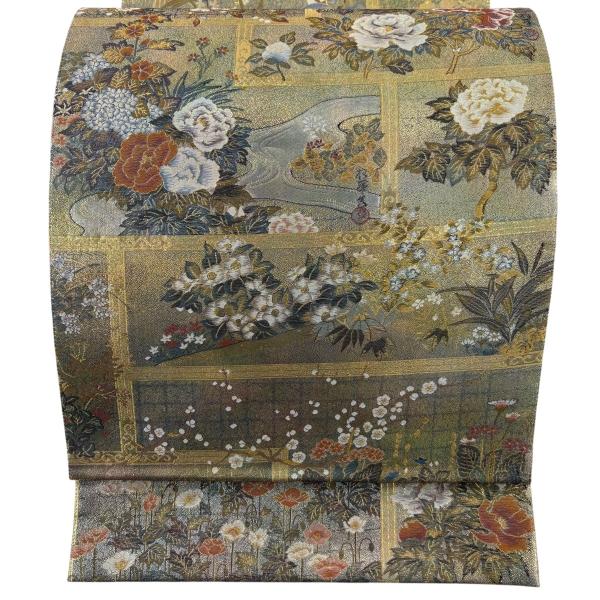 美品 袋帯 名品 琳派大全集 草花 本金プラチナ箔 緑 全通 正絹 中古