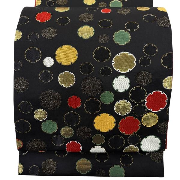 美品 袋帯 名品 雪輪 唐織 箔 黒 六通 正絹 中古 : リユースセレクト