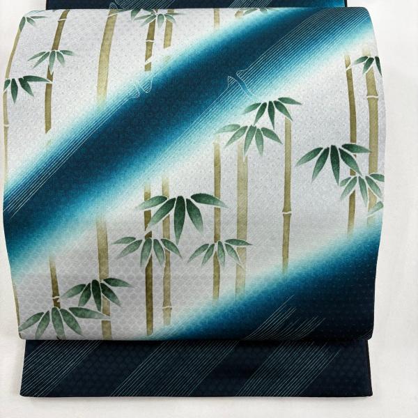 美品 袋帯 名品 竹 斜縞 ぼかし 青緑 お太鼓柄 正絹 中古 : リユース